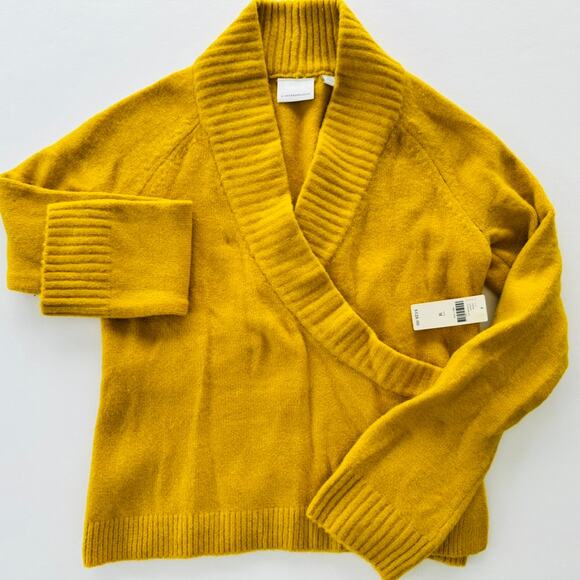 Anthropologie ett-twa Tessa Wrap Sweater Medium Mustard V-Neck Wool Alpaca Knit - Picture 2 of 6
